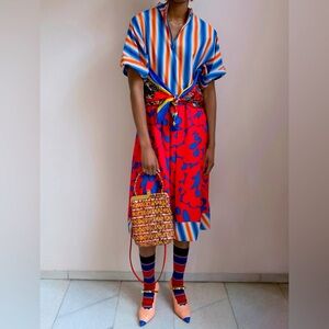 Marni Strpe and Floral Print  Poplin Midi Dress - Silk Handkerchief Tie Size 38